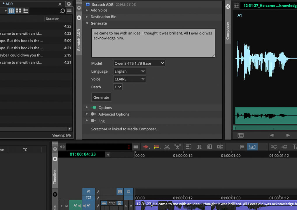 Scratch ADR panel in Avid Media Composer